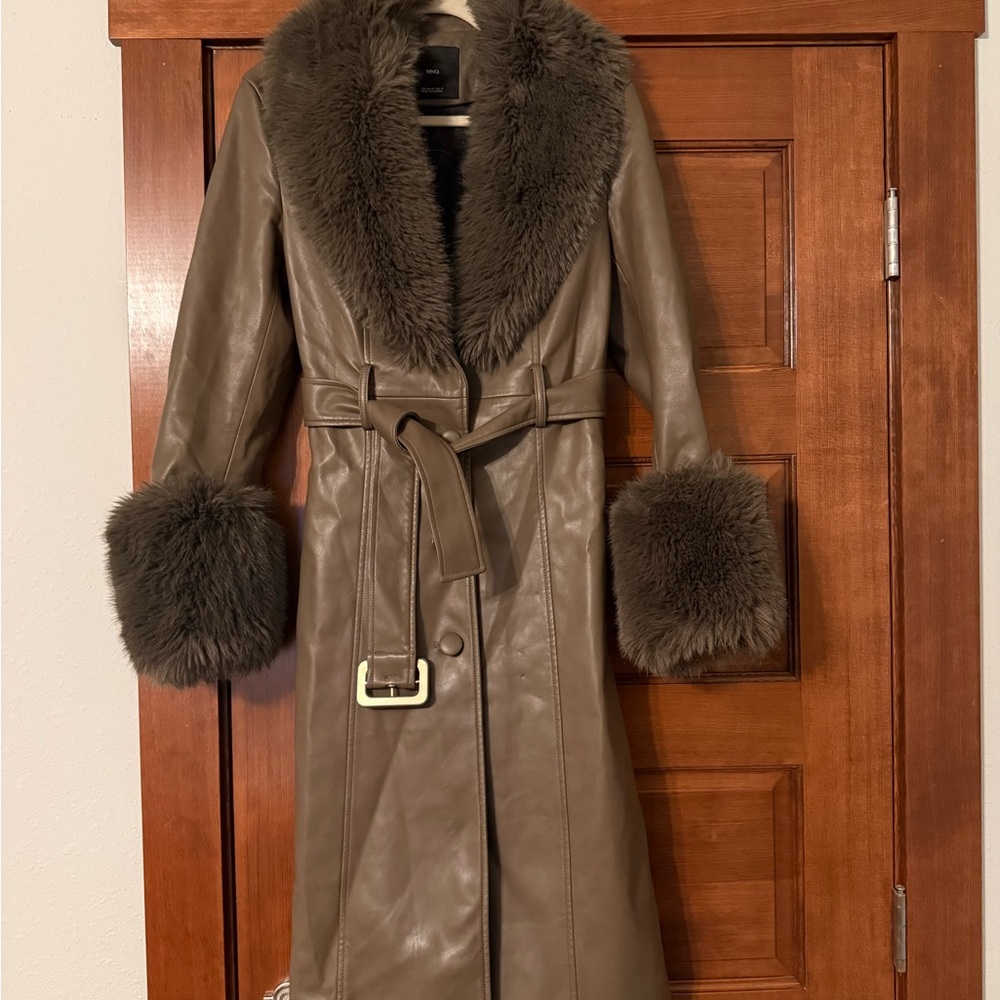 Mango Brown Faux Fur Trimmed Trench Coat